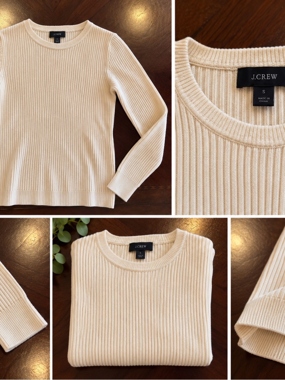 J.Crew Ribbed Knit Crewneck Sweater Size S Cream Ivory Viscose Blend BLU591